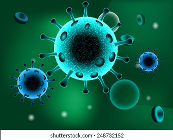 Blue virus cells or bacteria on green background vector illustration