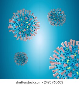 Blue virus cells of different sizes on a blue background. Coronavirus infection COVID-19. Different strains of COVID. 3D medical illustration. The causative agent of the respiratory influenza virus.