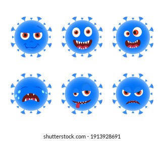 Blue Virus With Facial Expression. Set of Coronavirus Character Vector Illustration