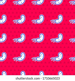 Blue Virus icon isolated seamless pattern on red background. Corona virus 2019-nCoV. Bacteria and germs, cell cancer, microbe, fungi.  Vector Illustration