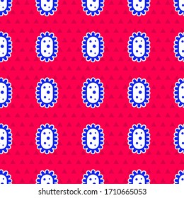 Blue Virus icon isolated seamless pattern on red background. Corona virus 2019-nCoV. Bacteria and germs, cell cancer, microbe, fungi.  Vector Illustration
