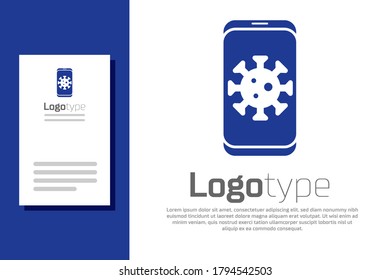 Blue Virus statistics on mobile icon isolated on white background. Corona virus 2019-nCoV. Bacteria and germs, cell cancer, microbe, fungi. Logo design template element. Vector.