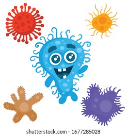 blue virus surrounded by colorful bacteria, cartoon style, isolated object on white background, vector illustration, eps