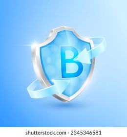 Protector azul de vitamina B y flechas de vidrio transparente. La protección de los símbolos aumenta la inmunidad y el cuerpo permanece sano. Para publicidad de productos nutricionales alimentos. Conceptos de salud médica. Iconos Iconos 3D de ilustración vectorial.