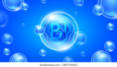 Blue vitamin B1 floating in the air. Vitamins minerals complex and collagen serum. For cosmetic banner or beauty skin care nutrition design. Essential supplement to the health body. 3D vector.