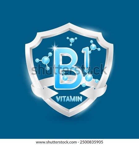 Blue vitamin B1 in silver shield with atom molecules surrounded by arrows. Nutrients necessary for building immunity and protect the body stay healthy. For nutrition products food. 3D Vector.