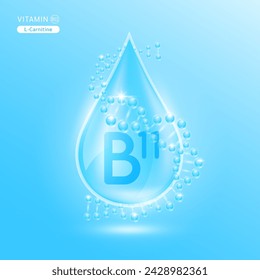 Vitamina azul B11 rodeada de ADN. Agua gota suero solución de colágeno hidratante ácido hialurónico complejo de vitaminas de la naturaleza cuidado esencial de la piel. Para anuncios de loción de crema cosmética. Vector EPS10.