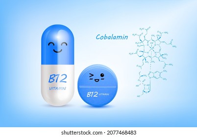 Blue vitamin B12 (Cobalamin) capsule cute cartoon character and structure. Pill capsules complex shaped mascot for pharmacy children's clinic. Healthcare and medicine skin care concept. 3D vector.