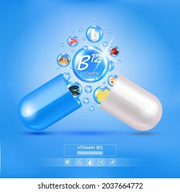 Blue vitamin B12 medicine capsule. Fruits and vegetables that neutralize free radicals. With chemical formula. Anti aging beauty enhancement concept and health care. 3D vector EPS10.