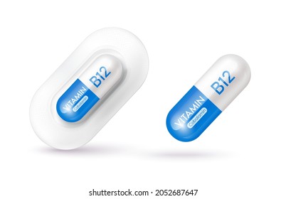 Blue vitamin B12 medicine capsule. Dietary supplement health neutralize free radicals. With chemical formula. Anti aging beauty enhancement concept and health care medical. 3D vector EPS10.