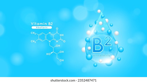 Blue vitamin B2 water drop and chemical structure. Vitamins complex mockup surround with collagen hyaluronic acid moisturizer for skin care cosmetics design. Beauty treatment nutrition. 3D Vector.