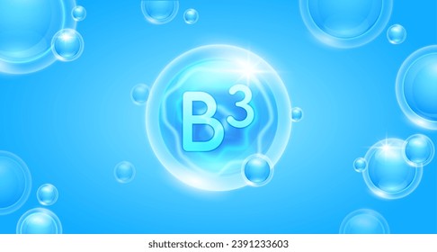 Vitamina azul B3 flotando en el aire. Complejo de minerales de vitaminas y suero de colágeno. Para el diseño nutricional de banner cosmético o cuidado de la piel de belleza. Complemento esencial del cuerpo de salud. vector 3D.