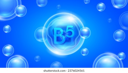 Vitamina azul B5 flotando en el aire. Complejo de minerales de vitaminas y suero de colágeno. Para el diseño nutricional de banner cosmético o cuidado de la piel de belleza. Complemento esencial del cuerpo de salud. vector 3D.