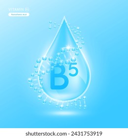 Vitamina azul B5 rodeada de ADN. Agua gota suero solución de colágeno hidratante ácido hialurónico complejo de vitaminas de la naturaleza cuidado esencial de la piel. Para anuncios de loción de crema cosmética. Vector EPS10.