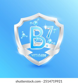 Blue vitamin B7 in silver shield with atom molecules surrounded by arrows. Nutrients necessary for building immunity and protect the body stay healthy. For nutrition products food. 3D Vector.