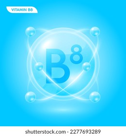 Blue vitamin B8 solution. Substance for beauty cosmetic with chemical formula from nature. Collagen serum and hyaluronic acid skincare. Medical scientific concept. 3D Realistic Vector.