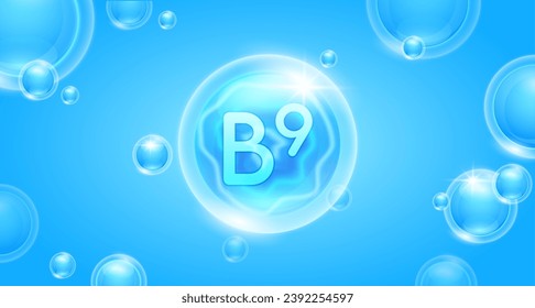 Vitamina azul B9 flotando en el aire. Complejo de minerales de vitaminas y suero de colágeno. Para el diseño nutricional de banner cosmético o cuidado de la piel de belleza. Complemento esencial del cuerpo de salud. vector 3D.