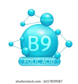 Blue vitamin B9 or Folic Acid surrounded by molecule atoms on white background. Vitamins complex for design dietary supplement products. Medical science health care concept. 3D Vector EPS10.