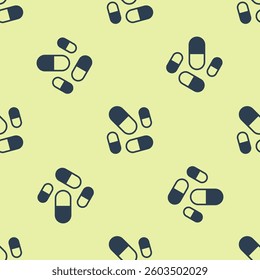 Blue Vitamin complex of pill capsule icon isolated seamless pattern on yellow background. Healthy lifestyle.  Vector