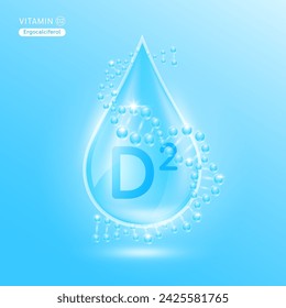 Blue vitamin D2 surrounded by DNA. Water drop serum collagen solution moisturizer hyaluronic acid vitamins complex from nature essential skin care. For ads cosmetics cream lotion. Vector EPS10.