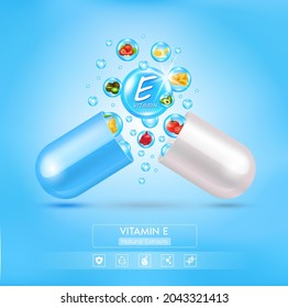 Blue vitamin E medicine capsule. Fruits and vegetables that neutralize free radicals. With chemical formula. Anti aging beauty enhancement concept and health care. 3D vector EPS10.