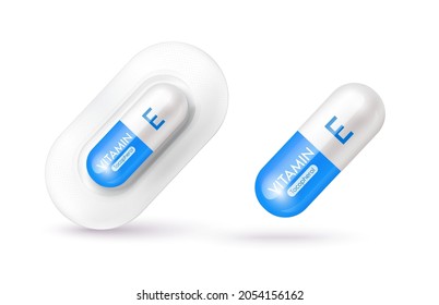 Blue vitamin E medicine capsule. Dietary supplement health neutralize free radicals. With chemical formula. Anti aging beauty enhancement concept and health care medical. 3D vector EPS10.