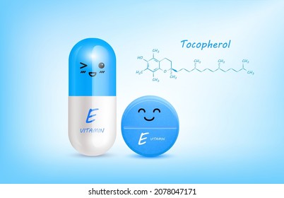 Blue vitamin E (Tocopherol) capsule cute cartoon character and structure. Pill capsules complex shaped mascot for pharmacy children's clinic. Healthcare and medicine skin care concept. 3D vector.