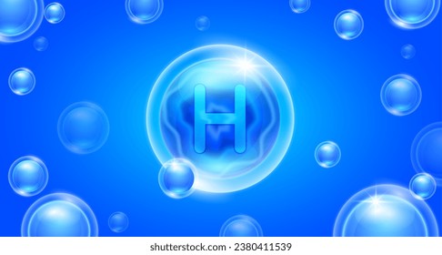 Blue vitamin H floating in the air. Vitamins minerals complex and collagen serum. For cosmetic banner or beauty skin care nutrition design. Essential supplement to the health body. 3D vector.