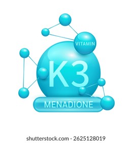 Blue vitamin K3 or Menadione surrounded by molecule atoms on white background. Vitamins complex for design dietary supplement products. Medical science health care concept. 3D Vector EPS10.