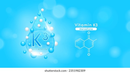 Blue vitamin K3 water drop and chemical structure surround with collagen hyaluronic acid moisturizer. Vitamins complex mockup for skin care cosmetics design. Beauty treatment nutrition. 3D Vector.