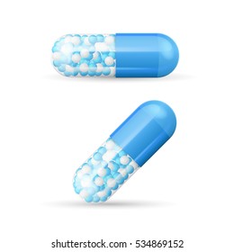 Blue Vitamin Pills with Granules Prescription Drugs Capsule Concept of Health Care. Vector illustration