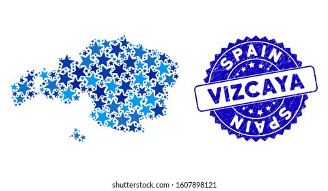 Blue Vizcaya Province map collage of stars, and textured rounded stamp. Abstract territorial scheme in blue color hues. Vector Vizcaya Province map is designed of blue stars.