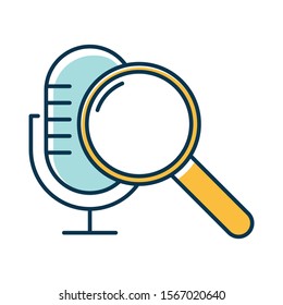 Blue voice search command color icon. Sound request idea. Microphone and magnifier. Sound recorder, music equipment. Multimedia tool, magnifying glass. Isolated vector illustration