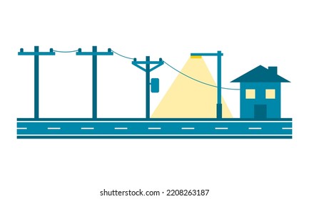 Polos eléctricos de voltaje azul para transmitir electricidad a la casa de la ciudad con luz de la calle iluminado icono diseño de vector plano.