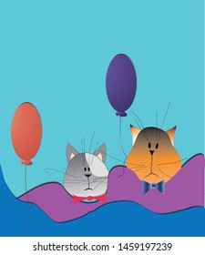 Blue volumetric background. Children's illustration. Seals on holiday with balls. Can be used as a background, a banner for a children's holiday, an illustration. Vector graphics.