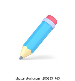 Blue volumetric pencil. Wooden object for writing and drawing. Mild pink eraser for deleting errors. Stationery tool with sharpened lead for creative art. Vector isolated 3d icon template