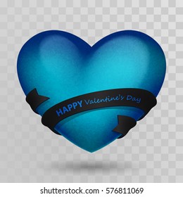 Blue volumetric retro heart and black ribbon with lettering Happy Valentines Day. Isolated on transparent background with shadow. Vector illustration for Holiday design.