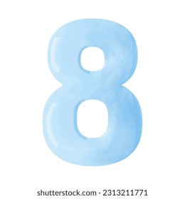 Blue voluminous number figure eight with watercolor effect isolated on white background, vector illustration	
