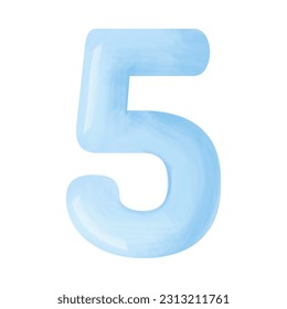 Blue voluminous number figure five with watercolor effect isolated on white background, vector illustration	
