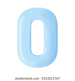 Blue voluminous number figure zero with watercolor effect isolated on white background, vector illustration	
