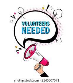 Blue volunteers needed megaphone on white background for flyer design. Vector illustration in pop style