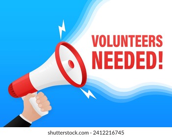 Blue volunteers needed megaphone on white background for flyer design. Vector illustration in flat style.