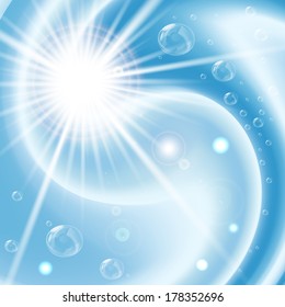 Blue vortex background with bubbles and flare