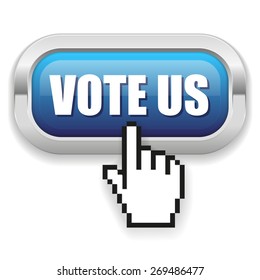 Blue vote us button with metal border on white background