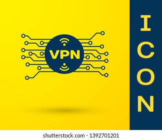 Blue VPN in circle with microchip circuit icon isolated on yellow background. Vector Illustration