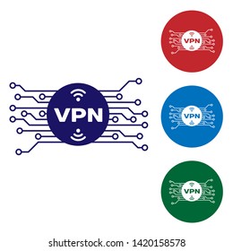Blue VPN in circle with microchip circuit icon isolated on white background. Set color icon in circle buttons. Vector Illustration
