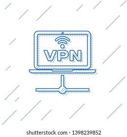 Blue VPN Computer network line icon isolated on white background. Laptop network. Internet connection. Vector Illustration