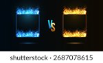 Blue vs orange fire flame frames. Fiery rectangle shapes with tongues of flames and fire. Burning border with light effect with shadow. Vector realistic illustrations set isolated on black