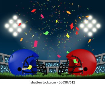 Blue vs red helmet in American football stadium with confetti, crowded fans and spotlight. Design for sport competition template in vector illustration