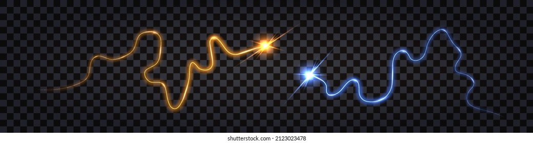 Tornillo de trueno eléctrico azul vs amarillo. Descarga del impulso con efecto de brillo de la luz de choque. Cable giratorio ondulado, sendero brillante, aislado sobre fondo transparente oscuro. Ilustración del vector